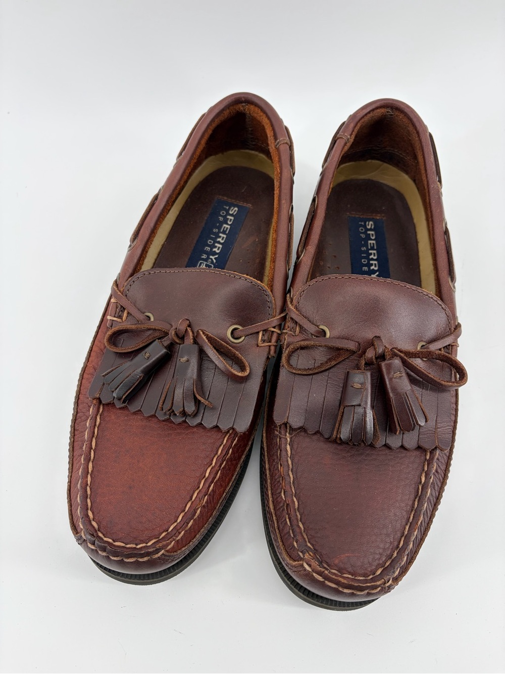 Sperry Top Siders Leather Brown Loafers Tassels Slip On Boat Shoes, Men Size 9.5